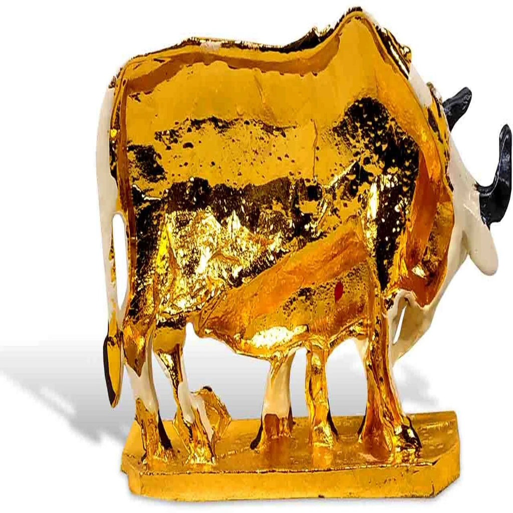 Kamdhenu Cow and Calf Idol White Gold Metal Statue for Car Dashboard | Mandir Pooja Murti |Temple Puja | Home Decor | Office Table Showpiece