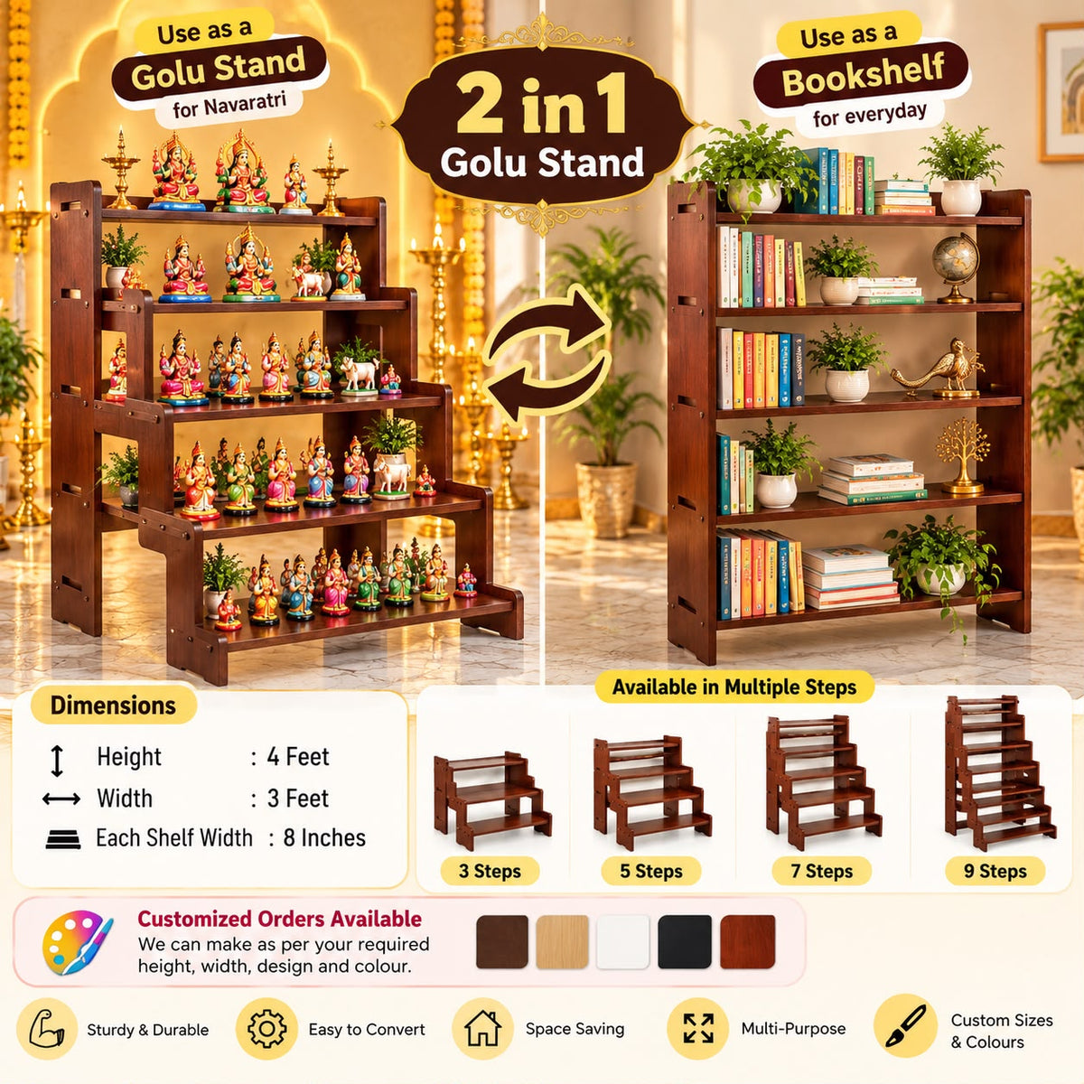 8072085685 pls whatsapp and confirm before placing order 2-in-1 Convertible Golu Stand -Golu Padi - Rose Wood Shade