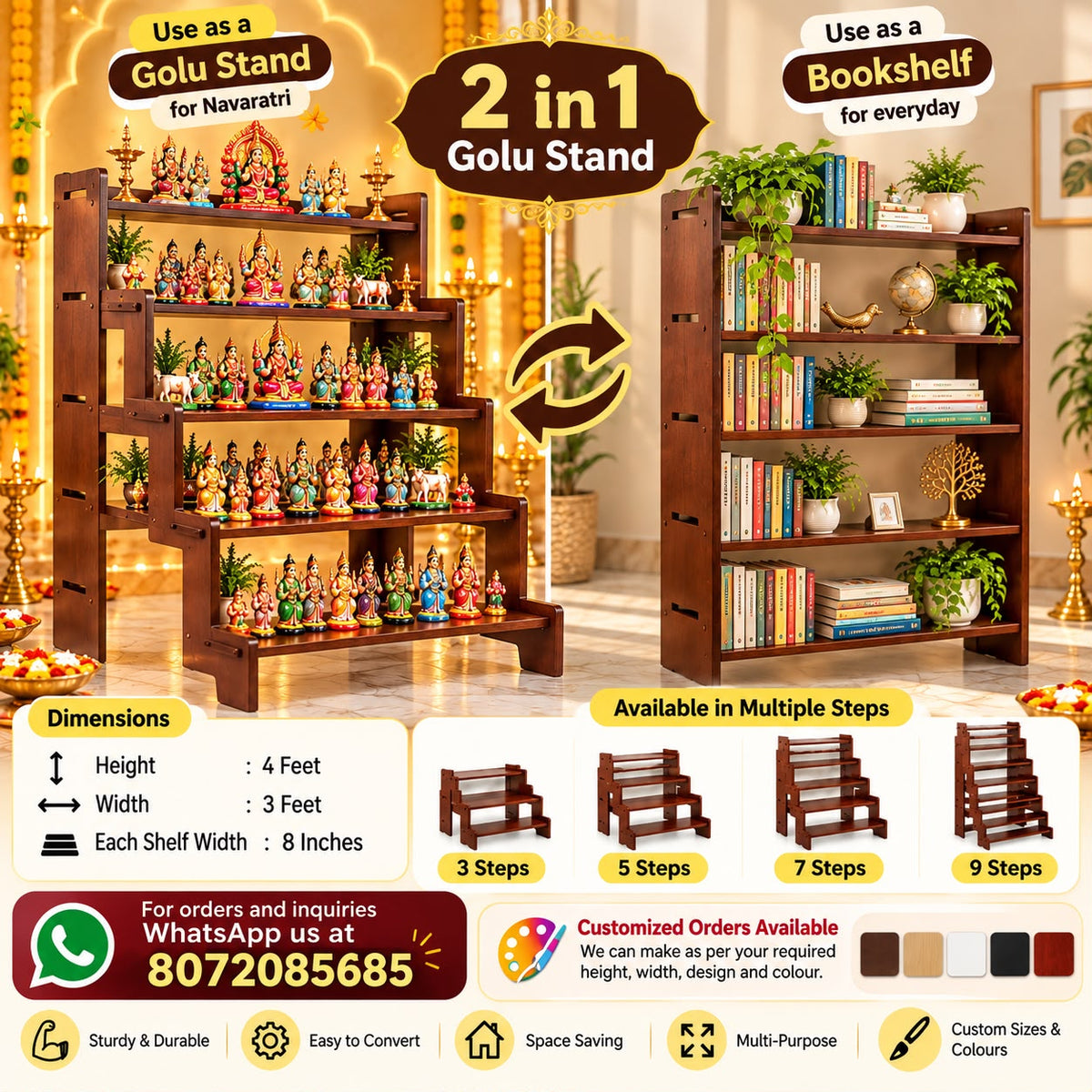 8072085685 pls whatsapp and confirm before placing order 2-in-1 Convertible Golu Stand -Golu Padi - Rose Wood Shade