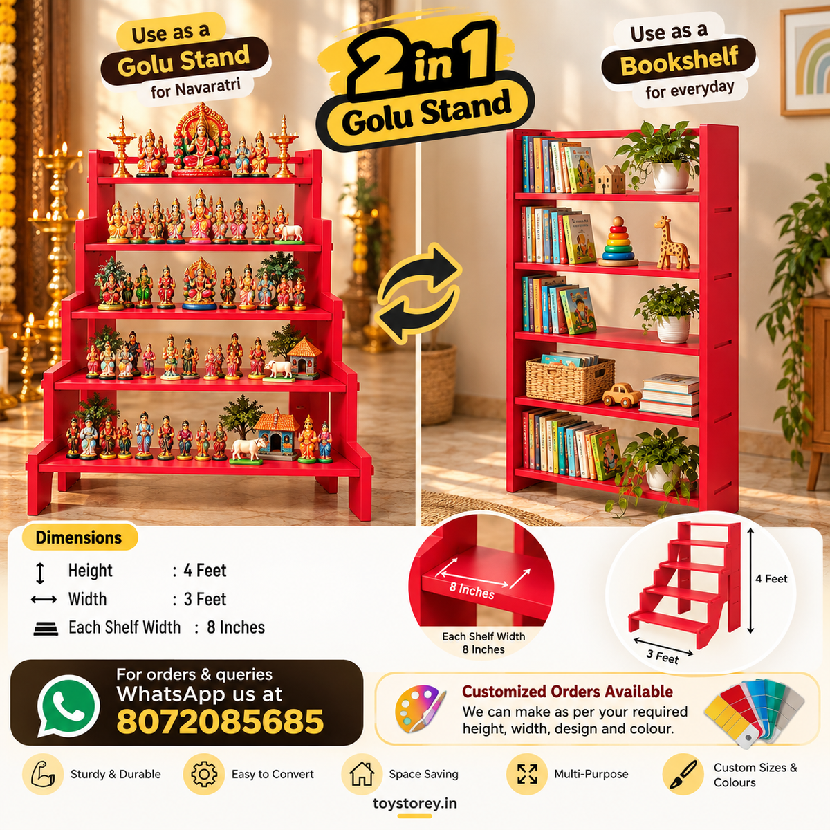 8072085685 pls whatsapp and confirm before placing order 2-in-1 Convertible Golu Stand -Golu Padi -Red