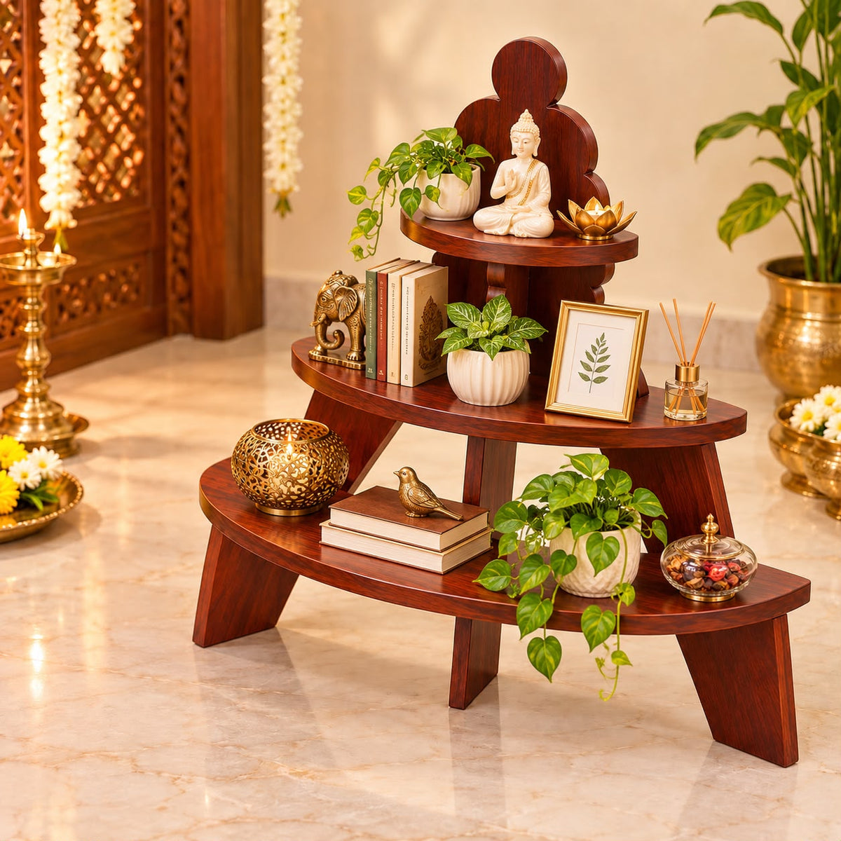 3 Tier Multi-Utility Wooden Golu Stand – 2 Feet