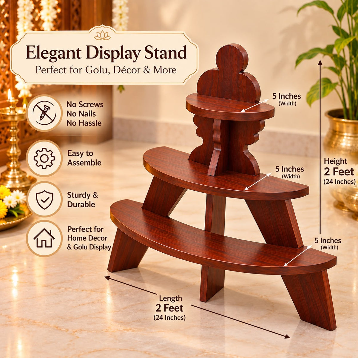 3 Tier Multi-Utility Wooden Golu Stand – 2 Feet
