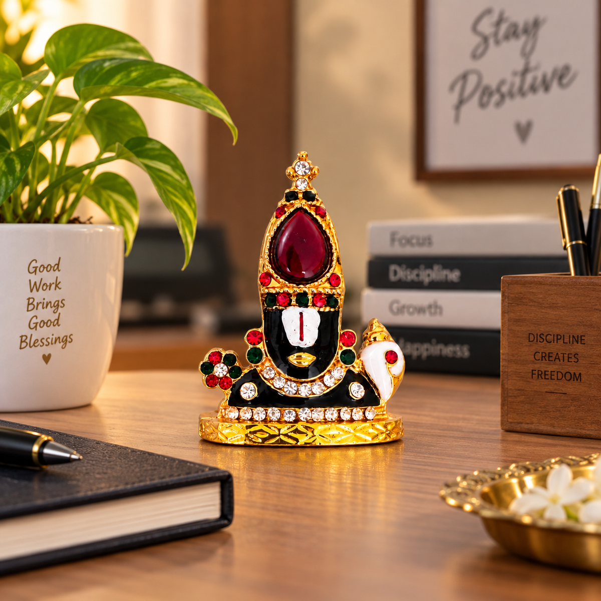 Lord Perumal Idol Golden Multicolour with Sangu and Chakram
