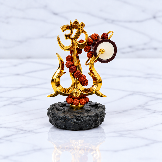 Gold-Plated Om Trishul with Damroo & Rudraksha Mala Shiv Damru Trishul