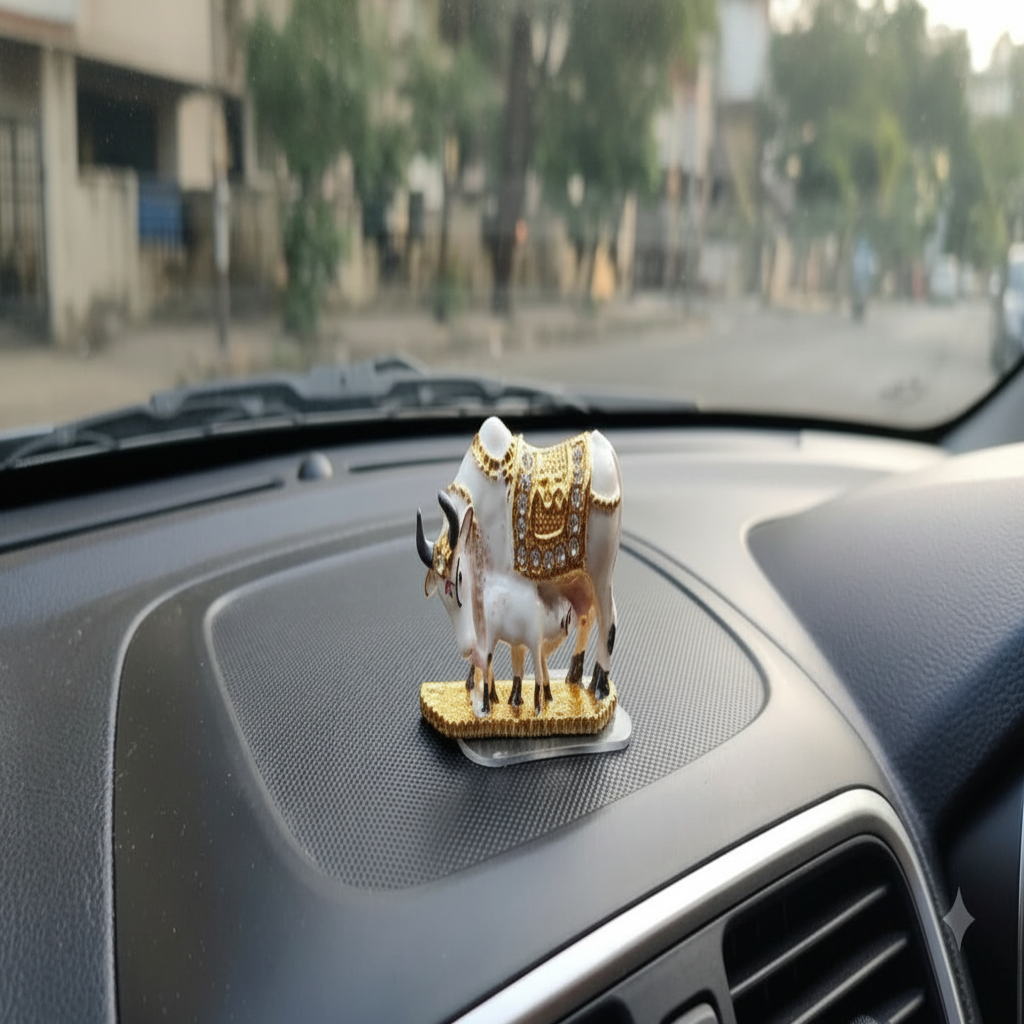 Kamdhenu Cow and Calf Idol White Gold Metal Statue for Car Dashboard | Mandir Pooja Murti |Temple Puja | Home Decor | Office Table Showpiece