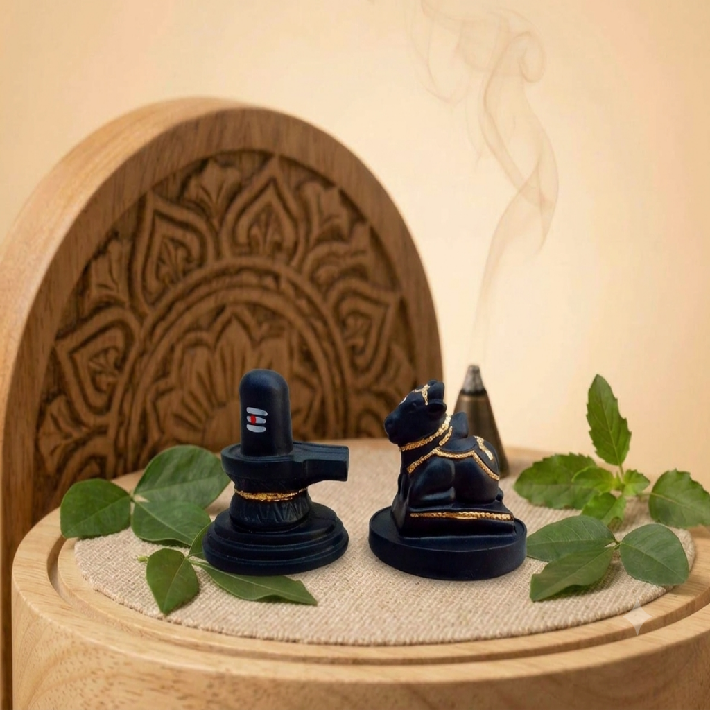 Shivling with Nandi Set Statue for Home puja Small (Matte Black)