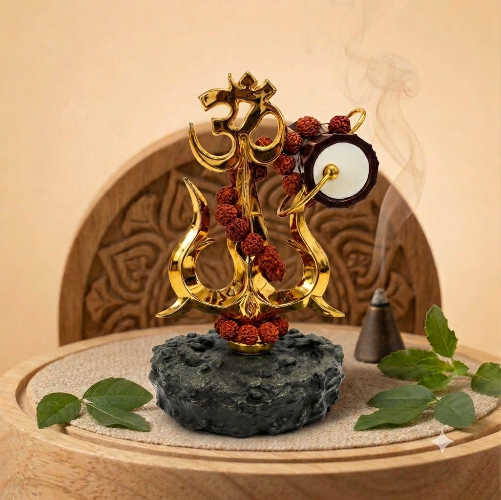 Gold-Plated Om Trishul with Damroo & Rudraksha Mala Shiv Damru Trishul
