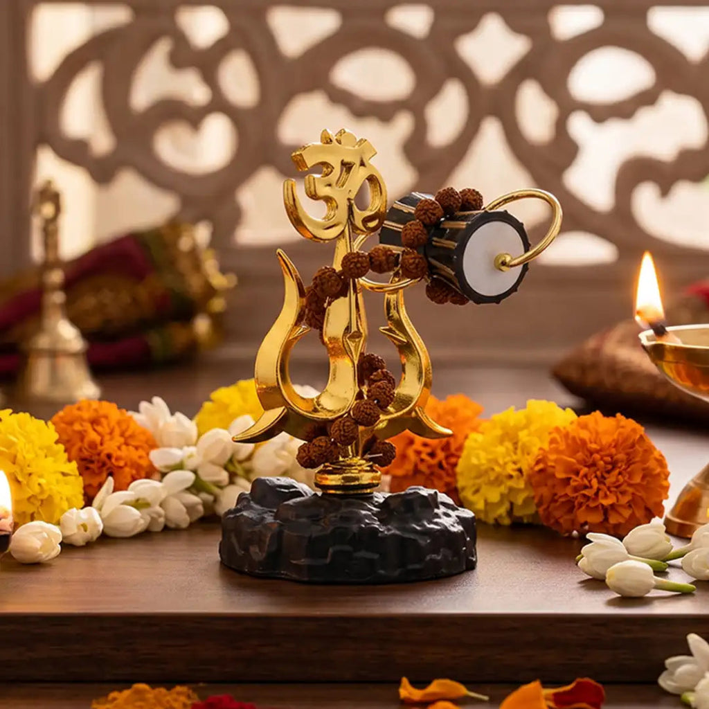 Gold-Plated Om Trishul with Damroo & Rudraksha Mala Shiv Damru Trishul