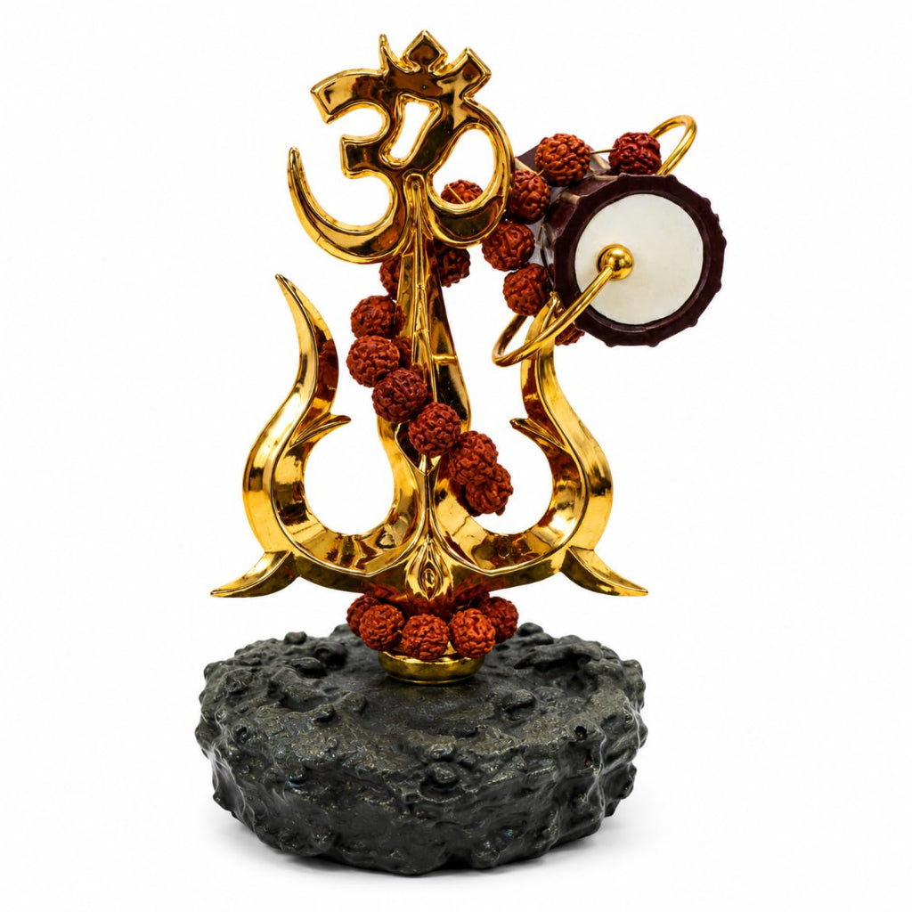Gold-Plated Om Trishul with Damroo & Rudraksha Mala Shiv Damru Trishul