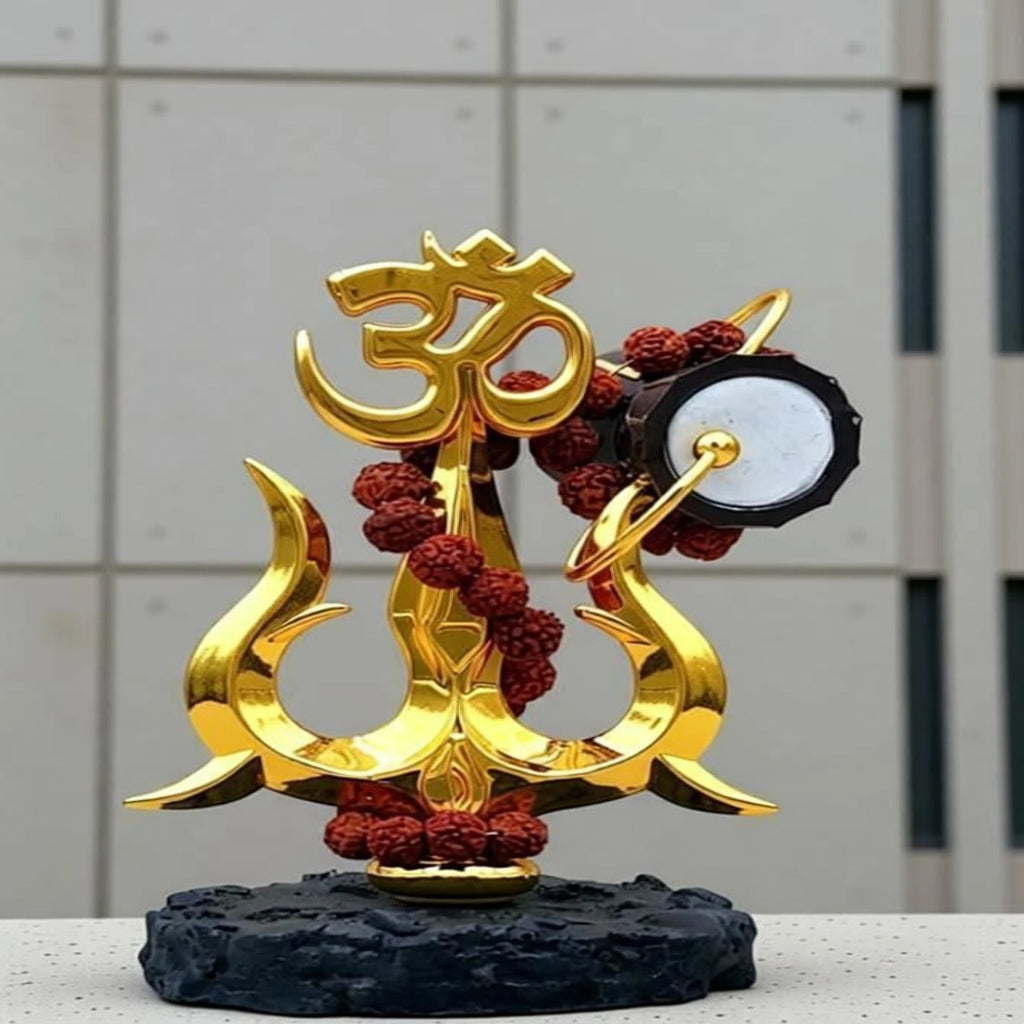 Gold-Plated Om Trishul with Damroo & Rudraksha Mala Shiv Damru Trishul