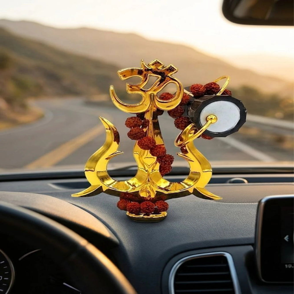 Gold-Plated Om Trishul with Damroo & Rudraksha Mala Shiv Damru Trishul