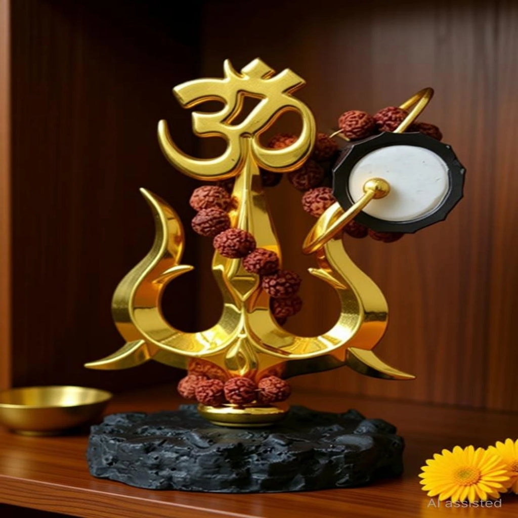 Gold-Plated Om Trishul with Damroo & Rudraksha Mala Shiv Damru Trishul