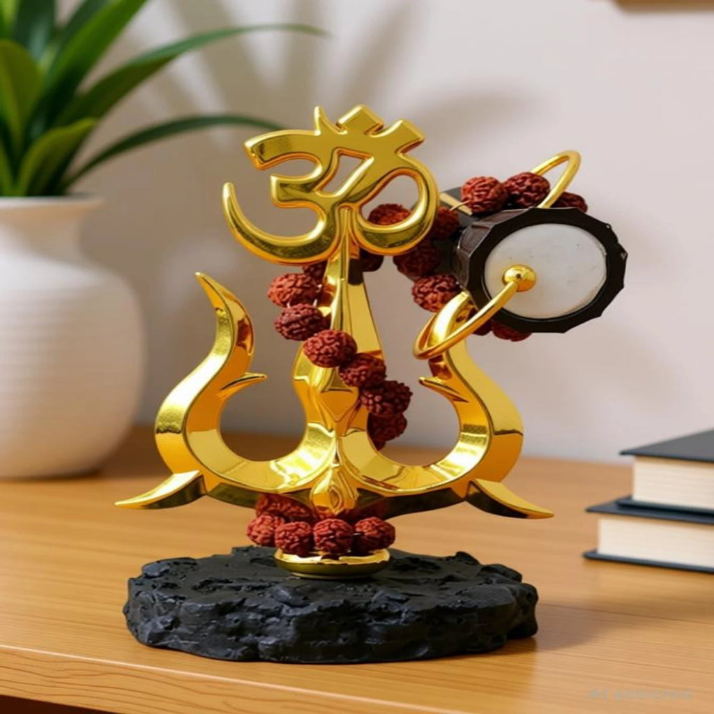 Gold-Plated Om Trishul with Damroo & Rudraksha Mala Shiv Damru Trishul