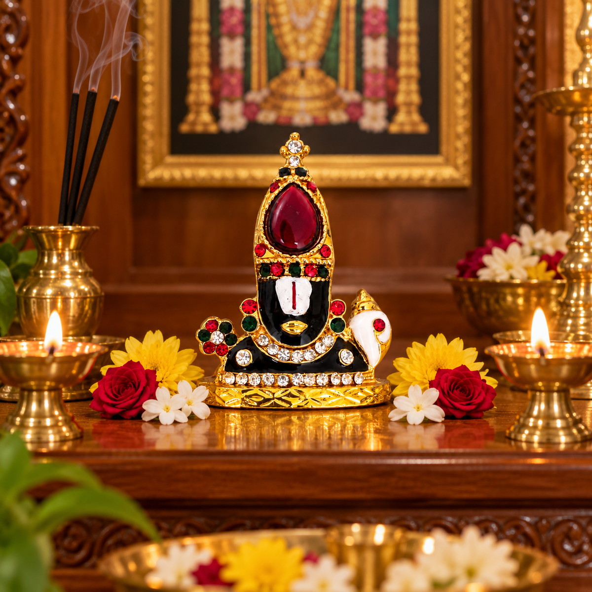 Lord Perumal Idol Golden Multicolour with Sangu and Chakram