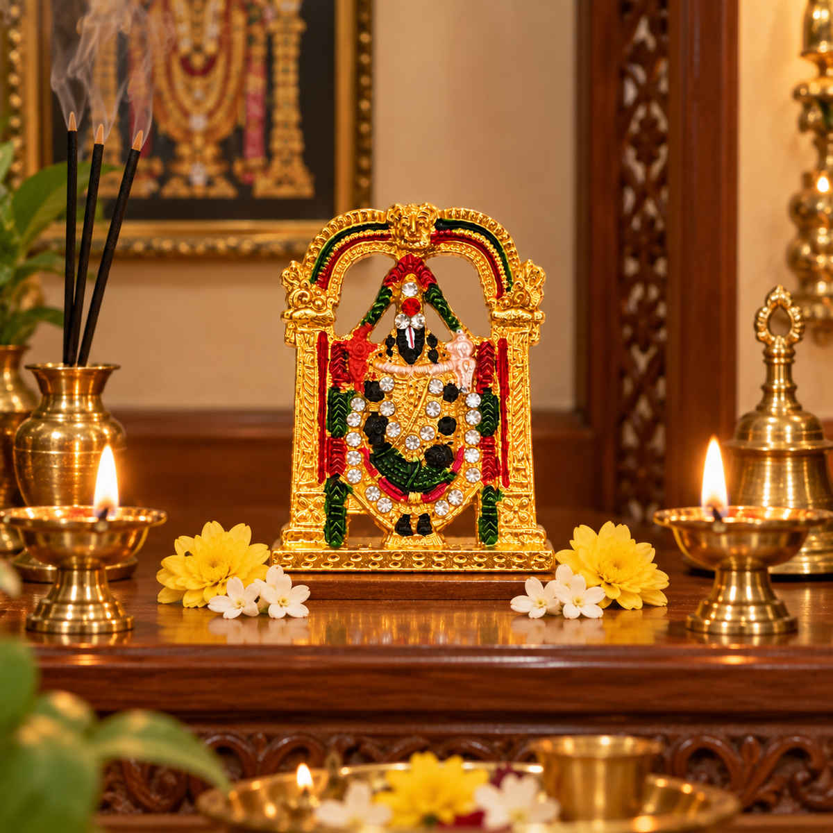 Lord Perumal Idol Golden Multicolour with Sangu and Chakram