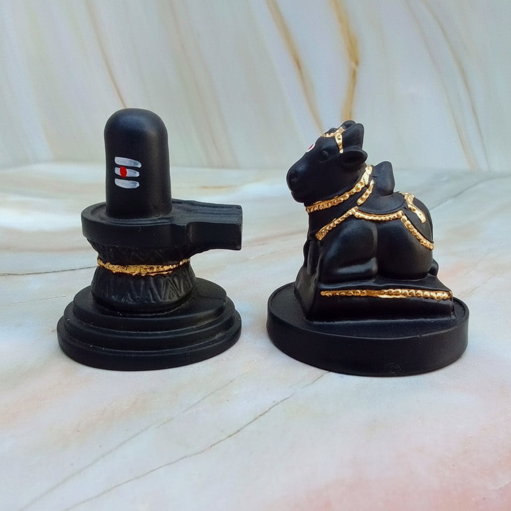 Shivling with Nandi Set Statue for Home puja Small (Matte Black)