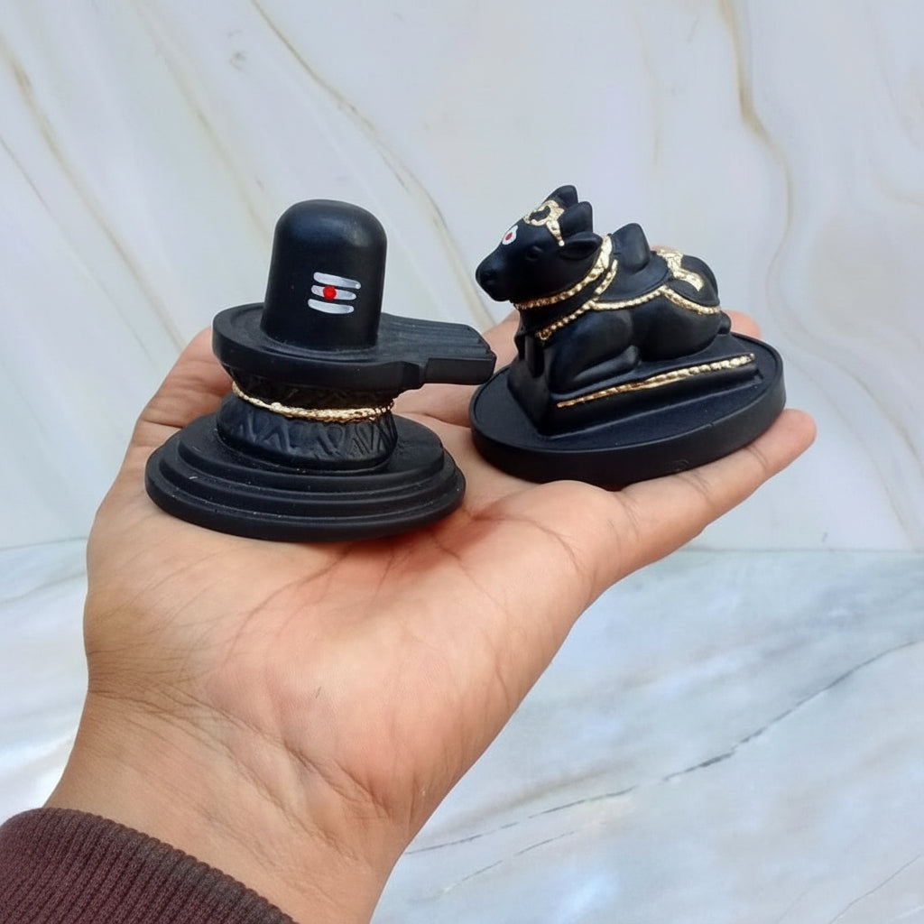 Shivling with Nandi Set Statue for Home puja Small (Matte Black)