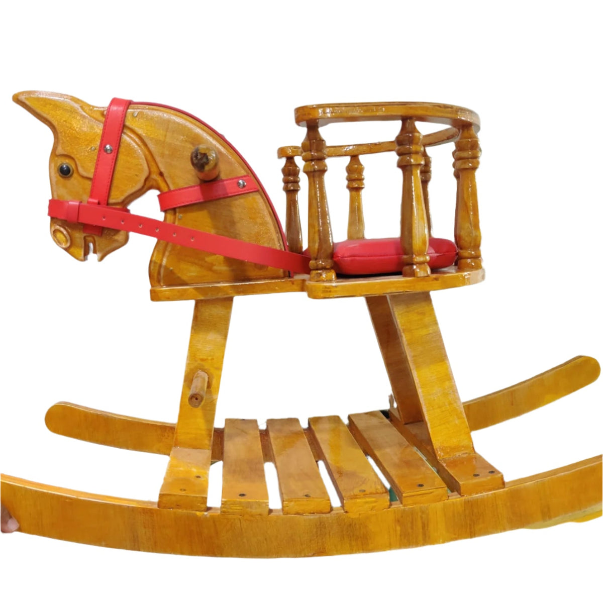 Wooden Rocking Horse With Side Support Baby Protection - Red Belt seat -Read Description
