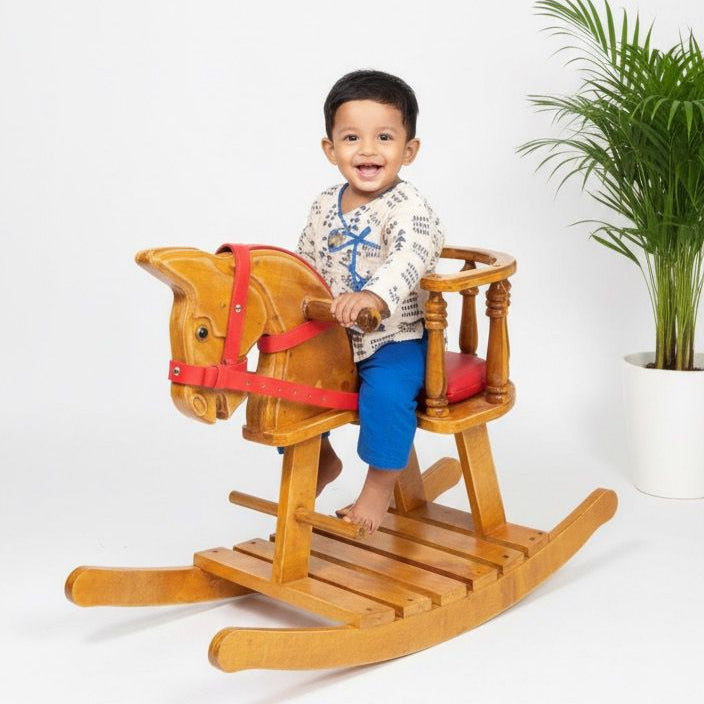Wooden Rocking Horse With Side Support Baby Protection - Red Belt seat -Read Description